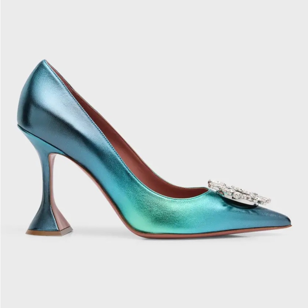 Amina Muaddi Iridescent Blue Heels